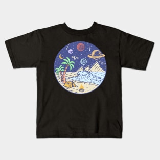 Camping under the moon and Planets - hand drawn Kids T-Shirt